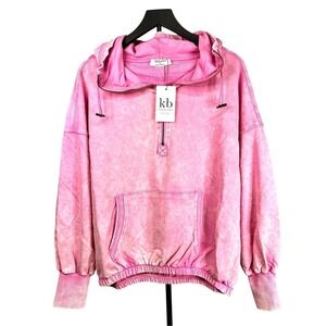 Zenana French Acid Wash Kangaroo Pocket 1/2 Zip Hoodie‎ Sweatshirt-Small